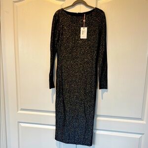 NWT Ted Baker London Long Sleeve Metallic Silver Midi Dress Size 4
